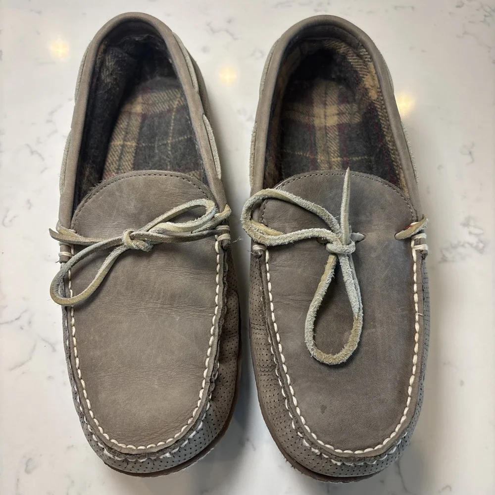 LL Bean Gray Leather SlipOn Flannel Lined Handsewn Slippers Rubber Sole‎ SZ 10M